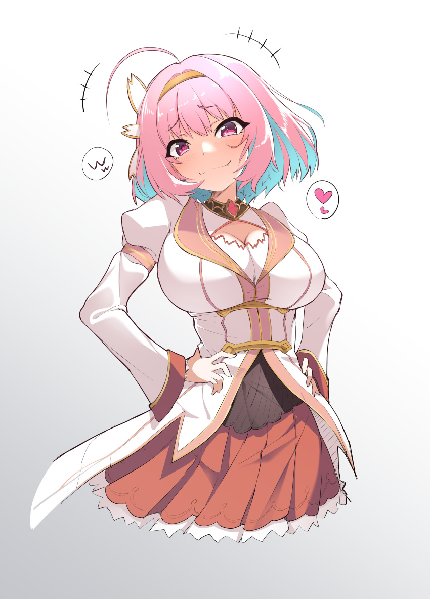 1girl absurdres blue_eyes blush breasts cleavage dress hairband heart highres juliet_sleeves large_breasts long_sleeves looking_at_viewer matatabi_(2ccp) pink_hair princess_connect! puffy_sleeves red_skirt short_hair skirt smile solo spoken_heart white_dress yui_(princess_connect!)