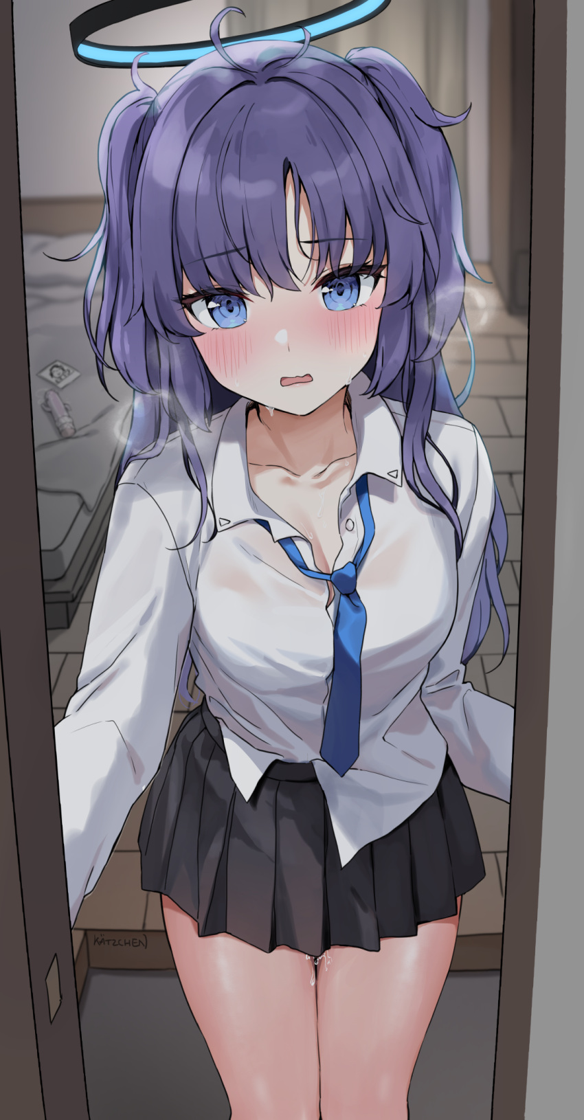 1girl arona's_sensei_doodle_(blue_archive) black_skirt blue_archive blue_eyes blush breasts breath dildo feet_out_of_frame halo highres implied_masturbation kaetzchen looking_at_viewer medium_breasts miniskirt open_collar photo_(object) pleated_skirt pov_doorway purple_eyes pussy_juice sensei_(blue_archive) sex_toy shirt skirt smile solo sweat two_side_up white_shirt yuuka_(blue_archive)
