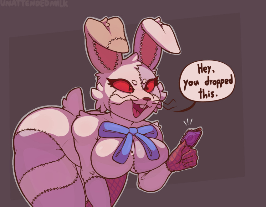 all_fours animal_humanoid anthro ass_up big_breasts big_butt bow_accessory bow_ribbon breast_squish breasts buckteeth butt checkered_clothing clothing condom dialogue digital_media_(artwork) eyelashes female five_nights_at_freddy's fur hair humanoid lagomorph lagomorph_humanoid leporid mammal mammal_humanoid open_mouth patchwork_creature pattern_clothing rabbit red_eyes scottgames seam_(sewing) sexual_barrier_device simple_background solo speech_bubble squish teeth thick_thighs unattendedmilk_(artist) vanny_(fnaf) watermark whiskers white_body white_fur white_hair wide_hips