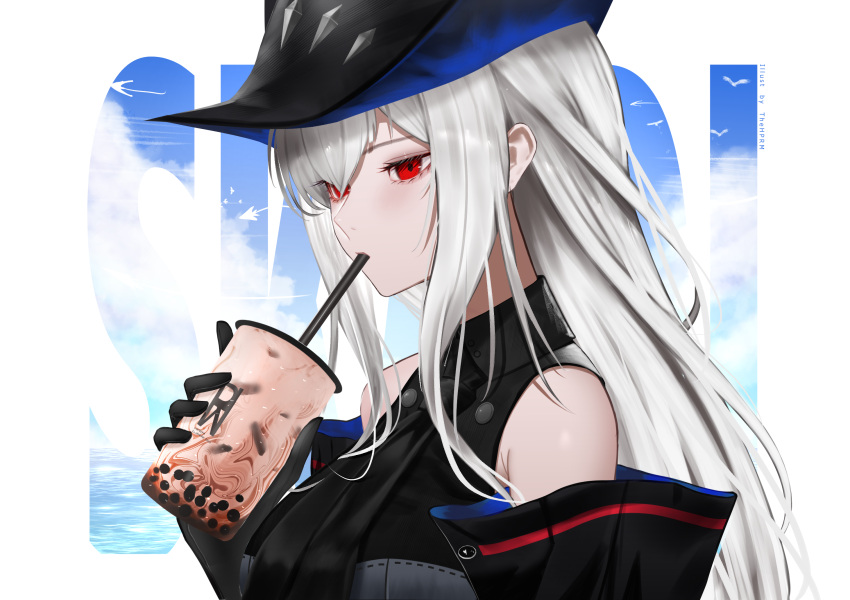 1girl arknights ascot bare_shoulders black_ascot black_headwear breasts bubble_tea commentary_request cup drinking grey_hair highres holding holding_cup large_breasts long_hair red_eyes skadi_(arknights) solo thehprm upper_body