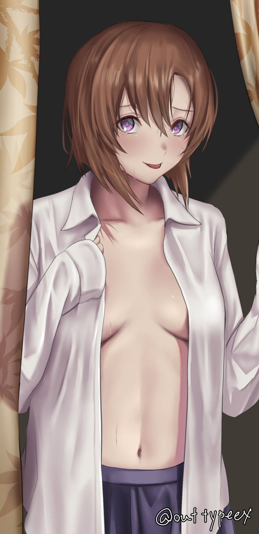 1girl absurdres artist_name blue_eyes blue_skirt breasts brown_eyes brown_hair closed_mouth collarbone collared_shirt commission curtains highres higurashi_no_naku_koro_ni long_sleeves looking_at_viewer navel open_clothes open_shirt out_type_(outtypeex) ryuuguu_rena school_uniform shirt short_hair skeb_commission skirt sleeves_past_wrists smile solo standing sweat tongue tongue_out twitter_username watermark white_shirt