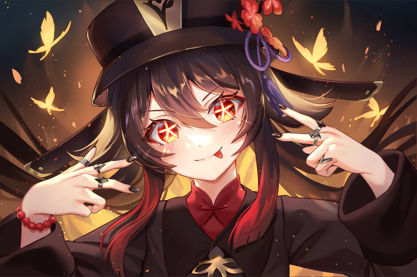 1girl :p black_hair black_nails chinese_clothes double_v flower genshin_impact hat hat_flower hat_ornament highres hu_tao_(genshin_impact) jewelry lalazyt looking_at_viewer nail_polish orange_eyes oshi_no_ko porkpie_hat portrait ring smile solo symbol-shaped_pupils takahashi_rie tongue tongue_out v voice_actor_connection