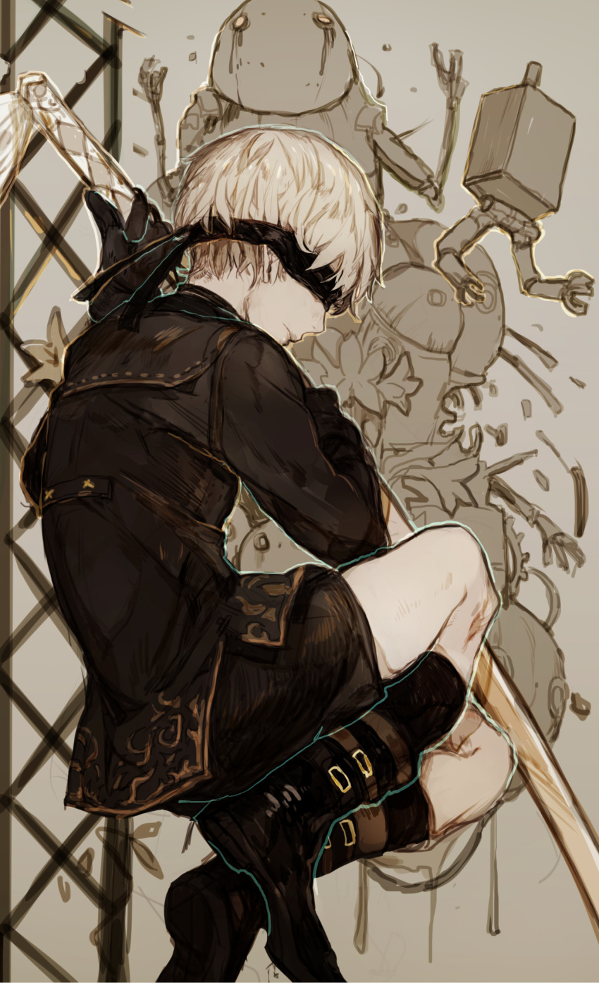 1boy absurdres bishounen black_blindfold black_coat black_gloves blindfold choker coat gloves highres hiranko katana male_focus nier:automata nier_(series) pod_(nier:automata) short_hair shorts solo sword thighs weapon white_hair yorha_no._9_type_s