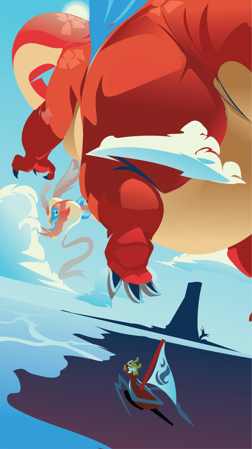 absurd_res animate_inanimate belly big_belly boat brennanhalls cloud dragon hi_res horn islant king_of_red_lions long_neck macro morbidly_obese nintendo obese overweight red_body scalie sea size_difference sky the_legend_of_zelda valoo vehicle water watercraft wind_waker wings