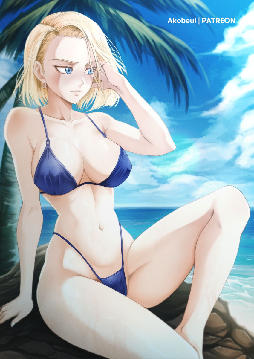 1girl absurdres akobeul android_18 beach bikini blonde_hair blue_bikini blue_eyes blue_sky breasts cleavage cloud cowboy_shot day dragon_ball dragon_ball_z highleg highleg_bikini highres horizon large_breasts navel ocean outdoors palm_tree rock short_hair sitting sky solo swimsuit tree