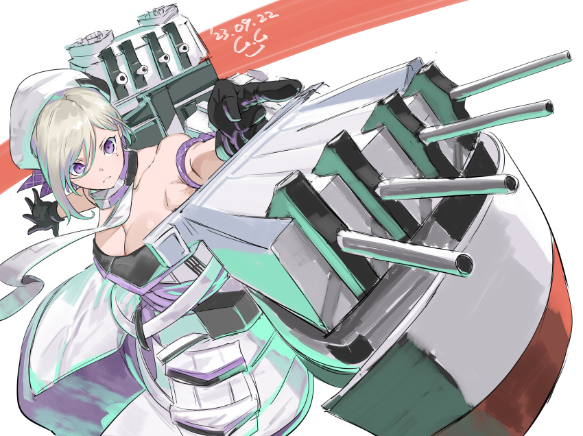 1girl bare_shoulders black_gloves blonde_hair breasts cannon cleavage dated dress gegeron gloves highres jean_bart_(kancolle) kantai_collection machinery mole mole_under_eye pointing purple_eyes scarf serious solo strapless strapless_dress white_dress white_headwear white_scarf