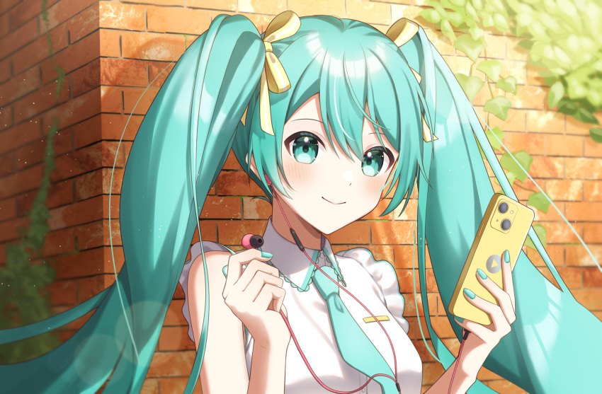 1girl blue_eyes blue_hair blush brick_wall cellphone collared_shirt commentary_request earbuds earphones hair_ribbon hatsune_miku highres holding holding_phone long_hair looking_at_viewer necktie outdoors phone ribbon shirt smartphone smile solo teneko02 twintails upper_body vocaloid