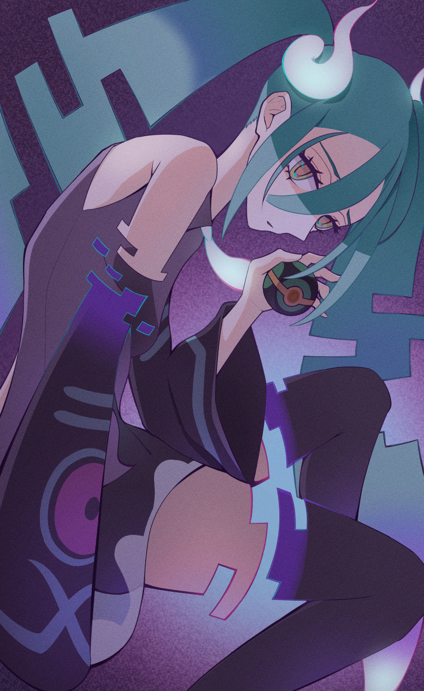 absurdres aqua_hair bare_shoulders black_thighhighs detached_sleeves dusk_ball ghost ghost_miku_(project_voltage) glitch gradient_hair grey_shirt hair_between_eyes hatsune_miku highres long_hair looking_at_viewer msdk multicolored_hair necktie poke_ball pokemon project_voltage see-through see-through_skirt shirt skirt thighhighs twintails very_long_hair vocaloid will-o'-the-wisp_(mythology) yellow_eyes