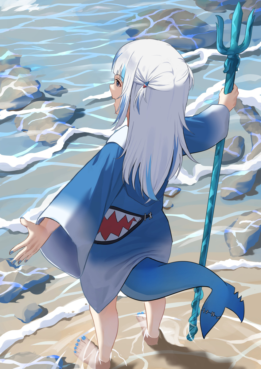 absurdres animal_costume animal_hood beach blue_eyes blue_hair blue_hoodie dscreation_(alan_dwi29) fins fish_tail from_behind full_body gawr_gura gawr_gura_(1st_costume) grey_hair hair_ornament highres hololive hololive_english hood hoodie medium_hair multicolored_hair no_shoes open_mouth outdoors outstretched_arms polearm shark_costume shark_girl shark_hair_ornament shark_hood shark_print shark_tail solo streaked_hair tail trident two_side_up virtual_youtuber water weapon