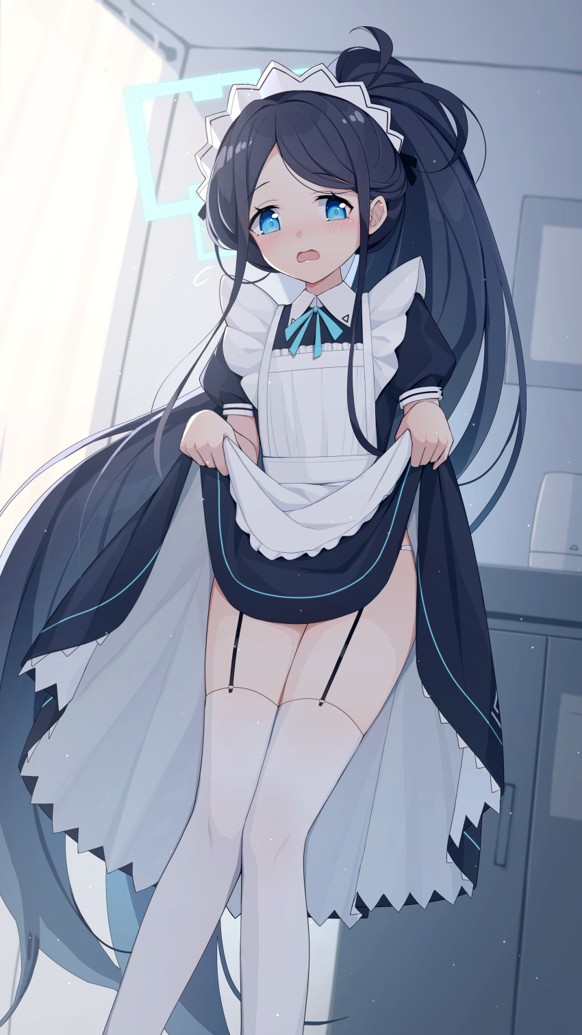 1girl absurdres alternate_costume apron apron_lift aris_(blue_archive) aris_(maid)_(blue_archive) black_dress black_hair blue_archive blue_eyes blush clothes_lift collared_dress day dress dress_lift embarrassed enmaided garter_straps halo hands_up highres indoors knees_together_feet_apart legs lifted_by_self long_hair looking_at_viewer maid maid_apron maid_headdress official_alternate_costume open_mouth panties ponytail solo standing thighhighs underwear very_long_hair white_apron white_panties wo_you_yibei_jia_wanli