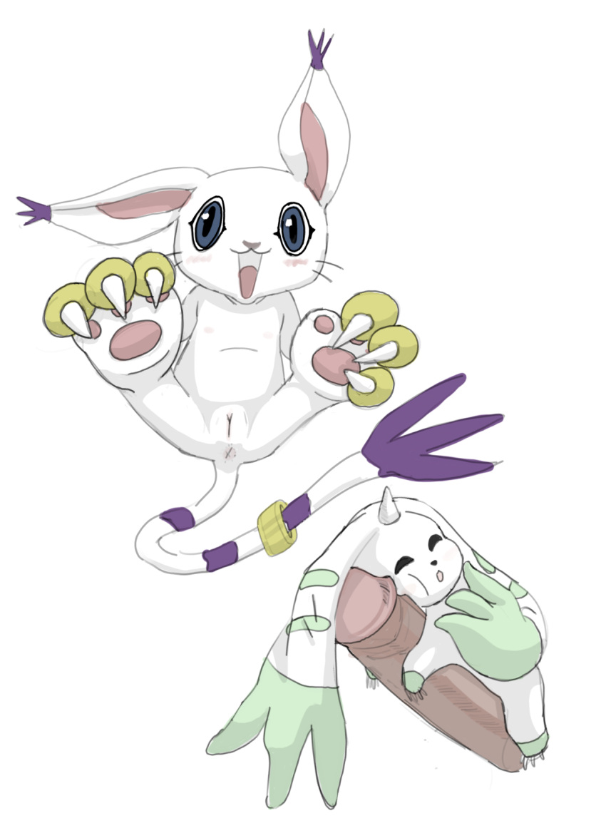 ambiguous_gender anthro anus apparitionnumber2 bald_crotch bandai_namco butt claws digimon digimon_(species) duo_focus female gatomon genitals group happy hi_res long_ears male nude paws penis pussy size_difference sleeping spread_legs spreading tail terriermon trio