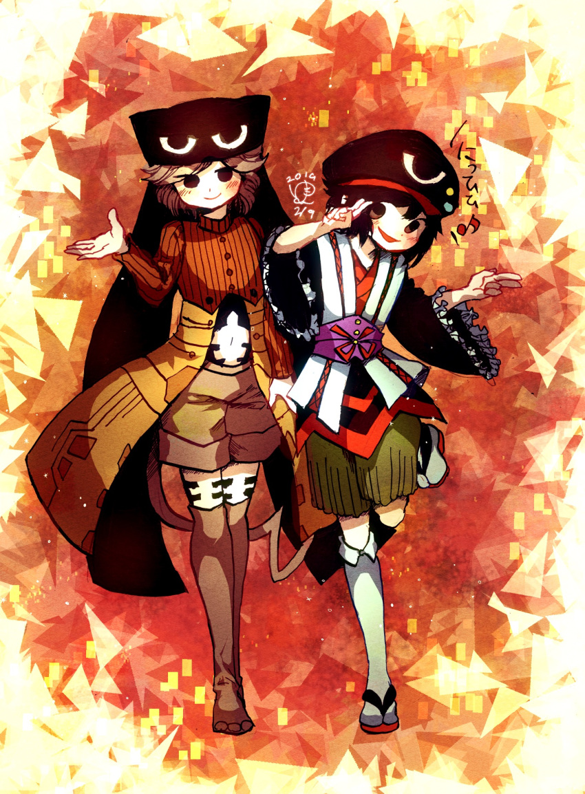 2others androgynous animal_ear_headwear black_eyes black_hair black_headwear brown_sweater cat_tail closed_mouth commentary_request frilled_sleeves frills green_hakama grey_hair grey_shorts grey_thighhighs hakama hakama_shorts highres japanese_clothes kneehighs leg_up len'en long_sleeves multiple_others navel obi open_mouth other_focus red_ribbon rei_(len'en) ribbed_sweater ribbon sash short_hair shorts smile socks sweater tail thighhighs translation_request white_socks yukkyon_kyon zelo_(len'en)