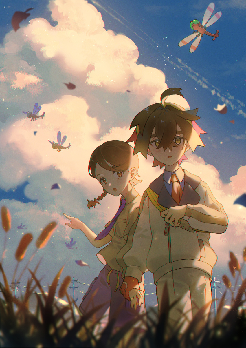 1boy 1girl :o absurdres ahoge blue_shirt blurry blurry_foreground braid breast_pocket brown_eyes brown_hair cloud collared_shirt commentary_request crossed_bangs day falling_leaves from_below gloves hair_between_eyes hairband highres holding_hands holding_strap honyaru_(nanairo39) jacket juliana_(pokemon) kieran_(pokemon) leaf necktie outdoors parted_lips pocket pointing pokemon pokemon_(creature) pokemon_(game) pokemon_sv purple_necktie purple_shorts red_gloves red_necktie school_uniform shirt short_hair shorts single_glove sky standing strap white_jacket white_shorts yanma yellow_eyes yellow_hairband