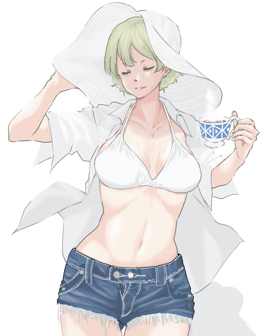 1girl absurdres alternate_costume ass_visible_through_thighs bikini blonde_hair blue_shorts braid breasts cleavage closed_eyes collarbone commentary_request cowboy_shot cup cutoffs darjeeling_(girls_und_panzer) denim denim_shorts french_braid girls_und_panzer green_hair groin halterneck hand_on_headwear hat highres holding holding_cup large_breasts light_smile midriff navel open_clothes shirt short_hair short_shorts shorts simple_background skrmtl smile solo steam sweat swimsuit swimsuit_under_clothes teacup white_background white_headwear white_shirt
