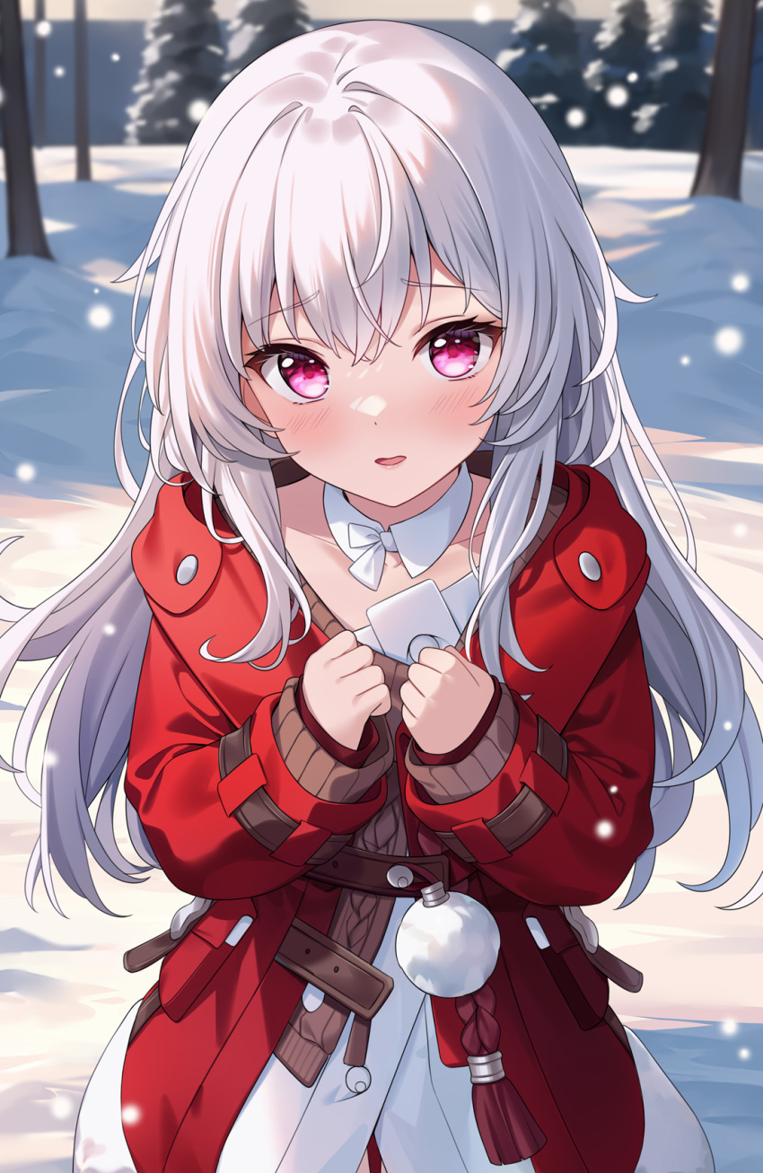 1girl blush brown_sweater clara_(honkai:_star_rail) coat collarbone commentary_request day detached_collar english_commentary frown fur-trimmed_coat fur-trimmed_jacket fur_trim grey_hair hands_up highres hitsukuya honkai:_star_rail honkai_(series) jacket long_hair long_sleeves looking_at_viewer open_clothes open_jacket outdoors parted_lips pine_tree pink_eyes pom_pom_(clothes) puffy_long_sleeves puffy_sleeves purple_eyes red_coat red_jacket shirt snow snowing solo sweater tree very_long_hair white_coat white_hair white_shirt wing_collar
