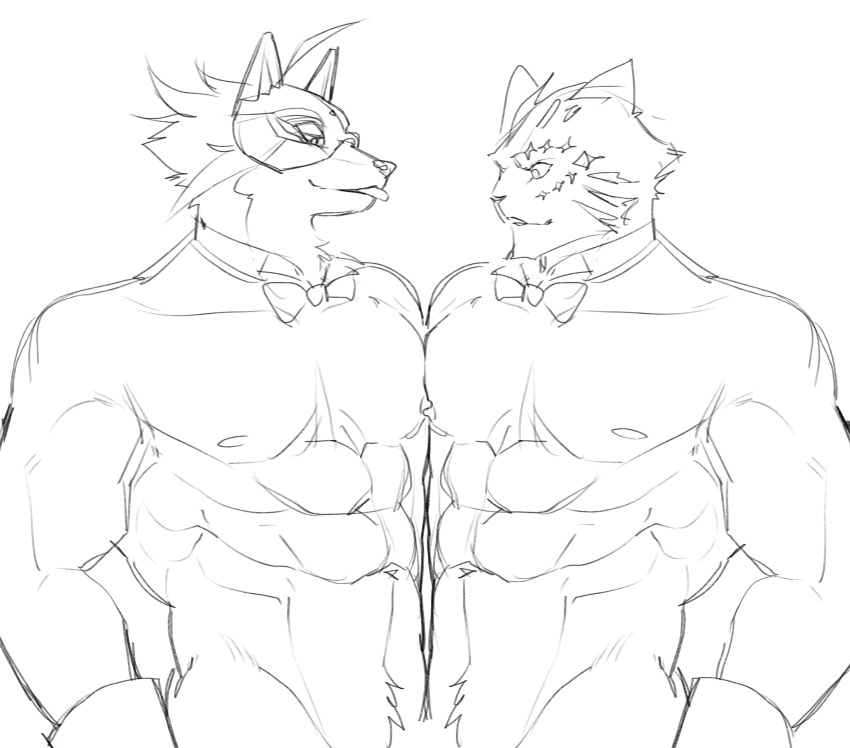 abs absurd_res anthro blep bow_tie canid canine crossover duo felid fox hi_res leopard lifewonders live_a_hero male male/male mammal mask muscular muscular_anthro muscular_male nipples ose_(tas) pantherine pecs pecs_frottage pu94_d1de4c shirtless sketch tokyo_afterschool_summoners tongue tongue_out vulpecula