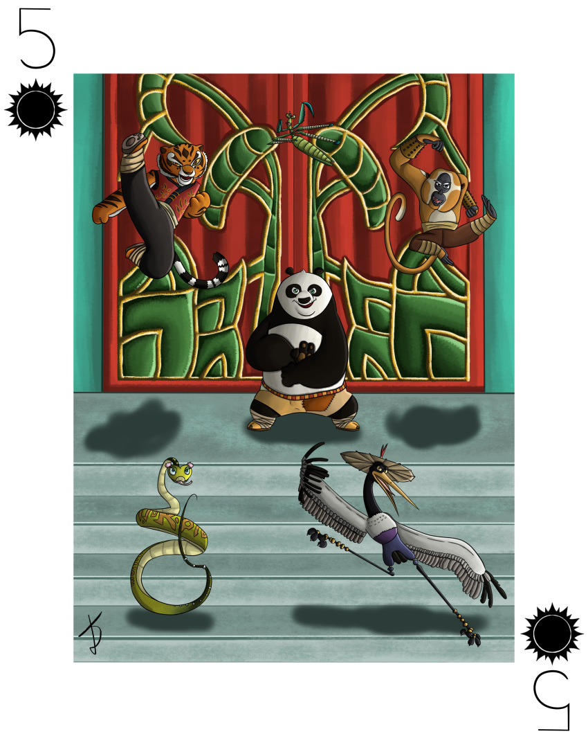 absurd_res anthro arthropod avian bear bird card custom_cards dreamworks felid female giant_panda group haplorhine hi_res insect jade_palace kung_fu_panda male mammal mantis master_crane master_mantis master_monkey master_po_ping master_tigress master_viper monkey pantherine playing_card primate reptile scalie shiromon999 snake tiger