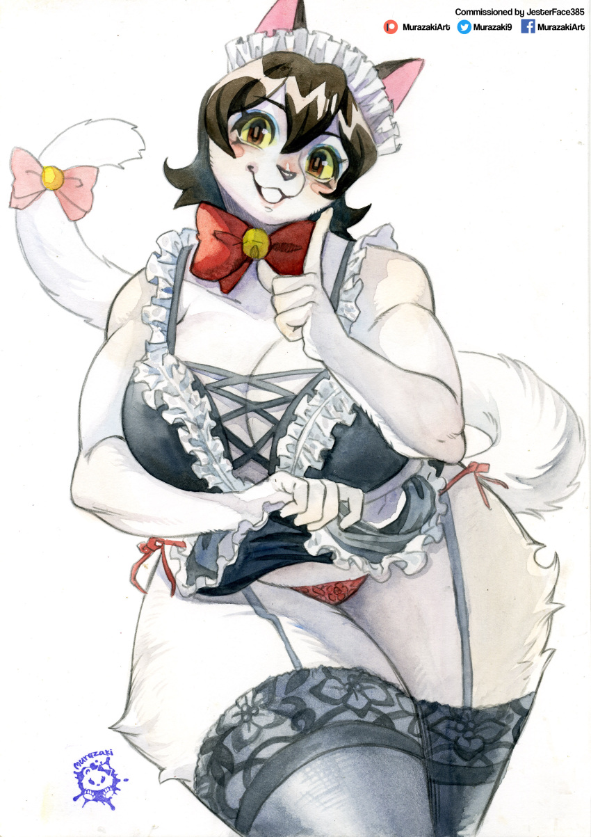absurd_res anthro big_breasts breasts cleavage clothed clothing clothing_lift domestic_cat dress dress_lift felid feline felis female fur hi_res maid_uniform mammal murazaki panties side-tie_panties simple_background solo thick_thighs underwear uniform white_background white_body white_fur
