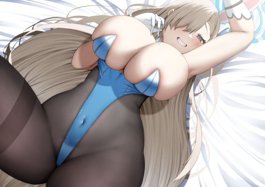 1girl animal_ears arm_support armpits asuna_(blue_archive) asuna_(bunny)_(blue_archive) asymmetrical_bangs blue_archive blue_leotard bodystocking breasts cleavage covered_navel fake_animal_ears gloves hair_over_one_eye halo highleg highleg_leotard highres large_breasts leotard light_brown_hair lying mole mole_on_breast navel official_alternate_costume on_back pantyhose playboy_bunny rabbit_ears smile strapless strapless_leotard thighband_pantyhose tomi27 undersized_breast_cup white_gloves
