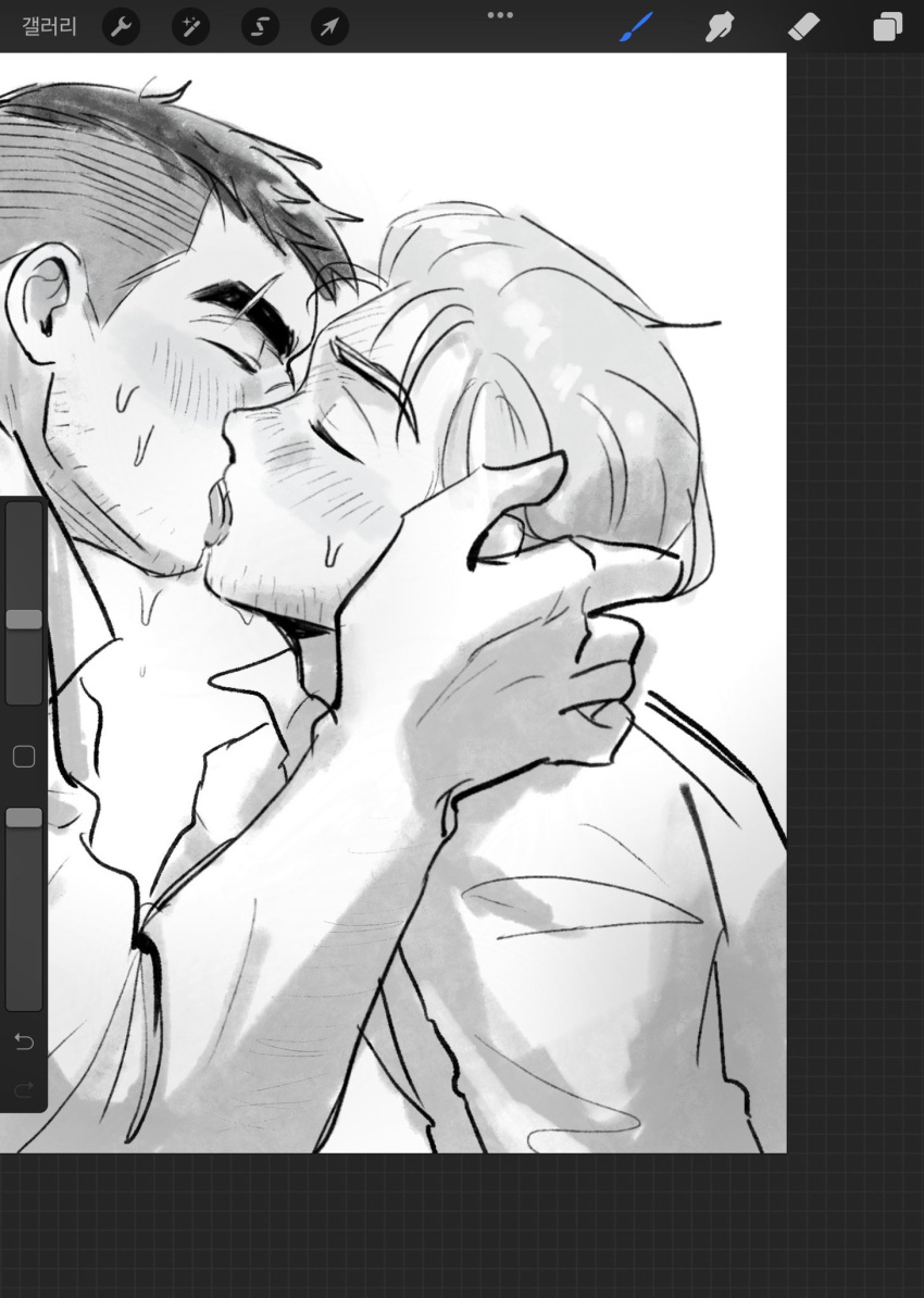 2boys art_program_in_frame bara black_hair blush couple david_king_(dead_by_daylight) dead_by_daylight felix_richter french_kiss from_side greyscale hand_on_another's_cheek hand_on_another's_face highres kiss male_focus mature_male monochrome multiple_boys profile short_hair sparse_stubble sweat thick_eyebrows undercut unfinished upper_body very_sweaty wasted_m9 yaoi