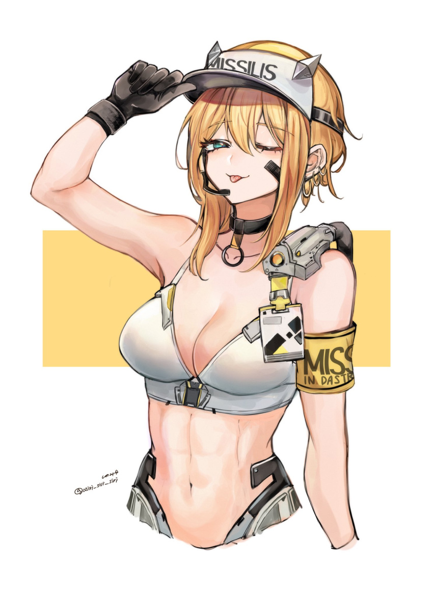 1girl arm_up armband bandaid bandaid_on_cheek bandaid_on_face bare_shoulders black_collar black_gloves bra clothes_writing collar collarbone cropped_torso ear_piercing earpiece earrings gloves goddess_of_victory:_nikke green_eyes hat highres holding holding_clothes holding_hat id_card jewelry light_blush maxwell_(nikke) medium_hair microphone navel o-ring_collar one_eye_closed orange_hair osiri_siri_siri piercing solo sports_bra tongue tongue_out twitter_username underwear visor_cap white_bra