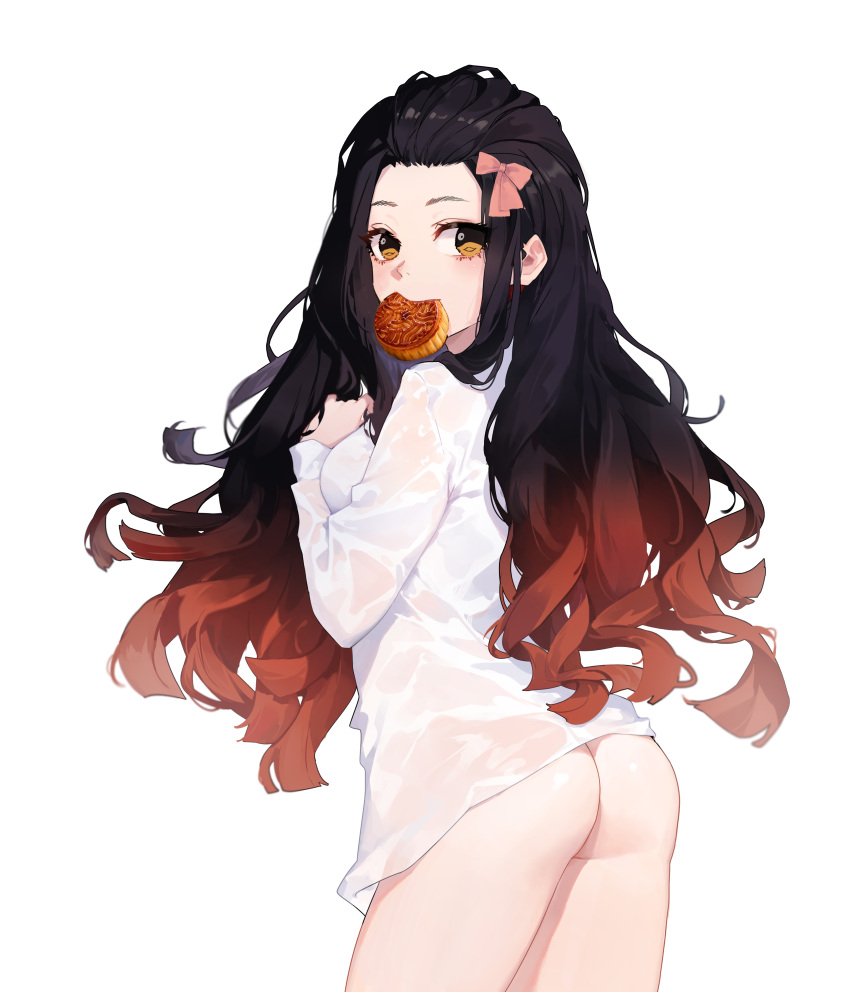 1girl absurdres ass black_hair bottomless bow breasts brown_eyes cowboy_shot de_yi food_in_mouth from_side hair_bow highres kamado_nezuko kimetsu_no_yaiba long_hair long_sleeves looking_at_viewer looking_to_the_side medium_breasts multicolored_hair naked_shirt red_hair see-through shirt sidelocks simple_background solo standing two-tone_hair variant_set wet wet_clothes wet_shirt white_background white_shirt