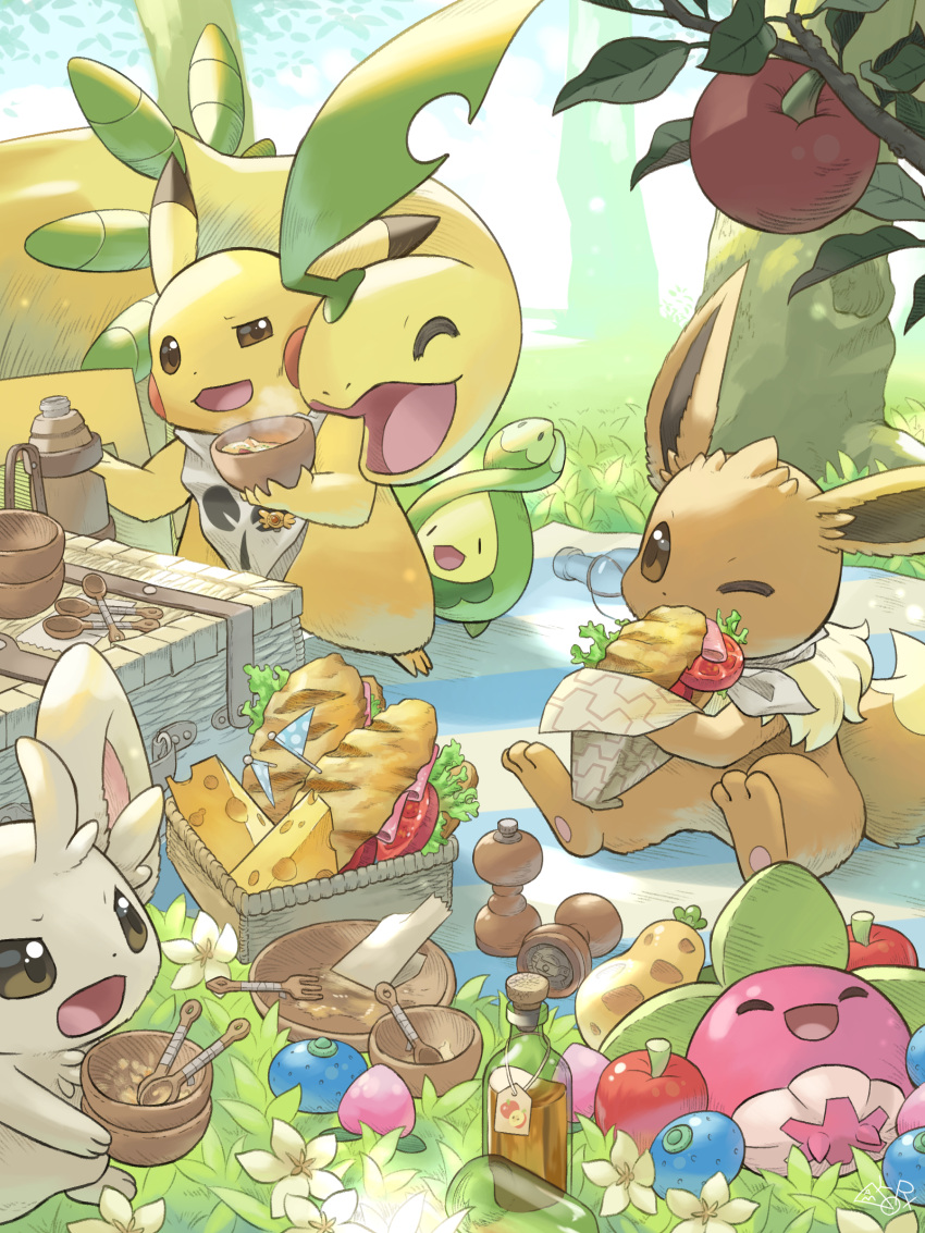 absurdres apple bayleef berry_(pokemon) blanket bottle bounsweet bowl branch budew cheek-to-cheek cheese closed_eyes eevee food fruit fushigi_no_dungeon hakkentai_pokedan heads_together highres holding holding_bowl holding_food iapapa_berry leaf lying minccino napkin on_back on_grass one_eye_closed open_mouth oran_berry outdoors pecha_berry pepper_mill picnic_basket pikachu pokemon pokemon_(creature) pokemon_(game) pokemon_mystery_dungeon sandwich scarf smile squinting tree v-shaped_eyes wooden_bowl wooden_spoon