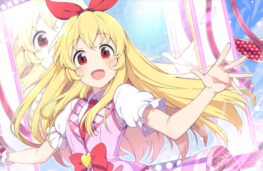 1girl :d aikatsu! aikatsu!_(series) blonde_hair bow collared_shirt hairband heart highres hoshimiya_ichigo idol_clothes long_hair looking_at_viewer necktie open_mouth pink_skirt pink_vest puffy_short_sleeves puffy_sleeves red_bow red_eyes red_hairband red_necktie shirt short_sleeves skirt smile solo upper_body vest wara_(warapro) white_shirt zoom_layer