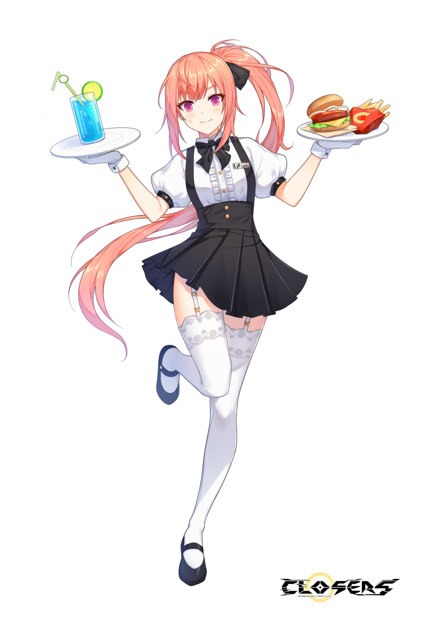 1girl badge black_bow black_bowtie black_footwear black_skirt blush bow bowtie breasts burger center_frills closed_mouth closers collared_shirt copyright_name cup drink drinking_glass drinking_straw floating_hair food french_fries frills fruit full_body garter_straps gloves hair_bow hands_up high-waist_skirt highres holding holding_plate ice ice_cube lace-trimmed_thighhighs leg_up lime_(fruit) lime_slice logo long_hair looking_at_viewer luna_aegis_(closers) mary_janes miniskirt official_art orange_hair pink_eyes plate pleated_skirt ponytail puffy_short_sleeves puffy_sleeves shirt shoes short_sleeves sidelocks skirt small_breasts smile solo standing standing_on_one_leg suspender_skirt suspenders sweat thighhighs underbust very_long_hair waitress white_background white_gloves white_shirt white_thighhighs zettai_ryouiki