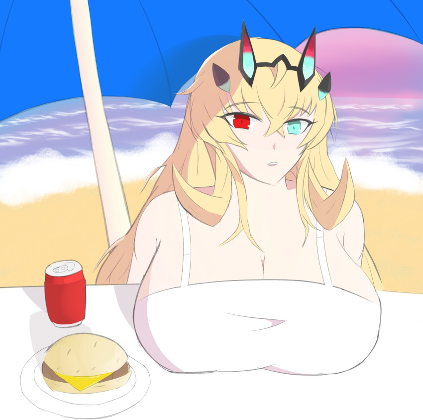 1girl barghest_(fate) beach breasts burger can dress fate/grand_order fate_(series) food heterochromia highres horns large_breasts long_hair parasol pink_sky sky soda_can solo sunset umbrella