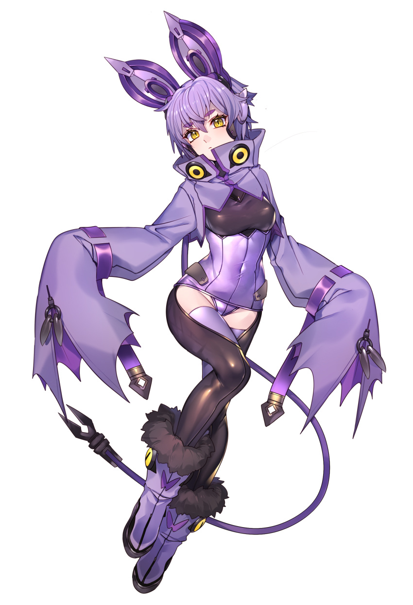 1girl absurdres breasts closed_mouth covered_navel full_body fur-trimmed_footwear fur_trim hair_between_eyes highres katagiri_hachigou long_sleeves looking_at_viewer noibat personification pokemon purple_footwear purple_thighhighs short_hair simple_background sleeves_past_wrists small_breasts solo thighhighs white_background yellow_eyes