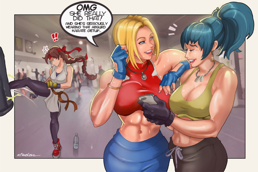 3girls bangs belt black_gloves blonde_hair blue_hair blue_mary bob_cut boots bottomless braid breasts brown_eyes brown_hair clothes_lift commentary double_v dougi earrings english_commentary fatal_fury fingerless_gloves fingernails futa_with_female futanari gloves hands_up headband japanese_clothes jewelry large_breasts leona_heidern lips long_hair multiple_girls penis ponytail red_headband reverse_cowgirl_position simple_background single_braid sleeveless smile snk solo star_(symbol) starry_background straddling teeth the_king_of_fighters the_king_of_fighters_all-stars upper_body v yuri_sakazaki