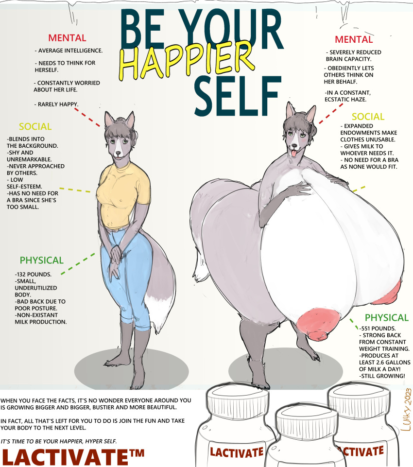 absurd_res advertisement anthro before_and_after big_breasts big_butt bodily_fluids bottomwear breast_expansion breasts brochure butt butt_expansion canid canine clothing denim denim_clothing dipstick_tail excessive_lactation expansion female fox fur grey_body grey_fur hand_on_breast hi_res huge_breasts huge_butt huge_thighs hyper hyper_breasts hyper_butt hyper_hips hyper_lactation hyper_thighs jeans lactating luaky mammal markings medicine mind_break pants solo tail tail_markings thick_thighs