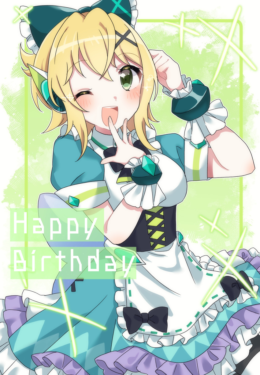 1girl absurdres akatsuki_kirika blonde_hair blush breasts dress frilled_dress frills green_dress green_eyes hair_ornament hana_no_yo happy_birthday highres looking_at_viewer medium_breasts one_eye_closed open_mouth senki_zesshou_symphogear short_hair smile solo teeth x_hair_ornament