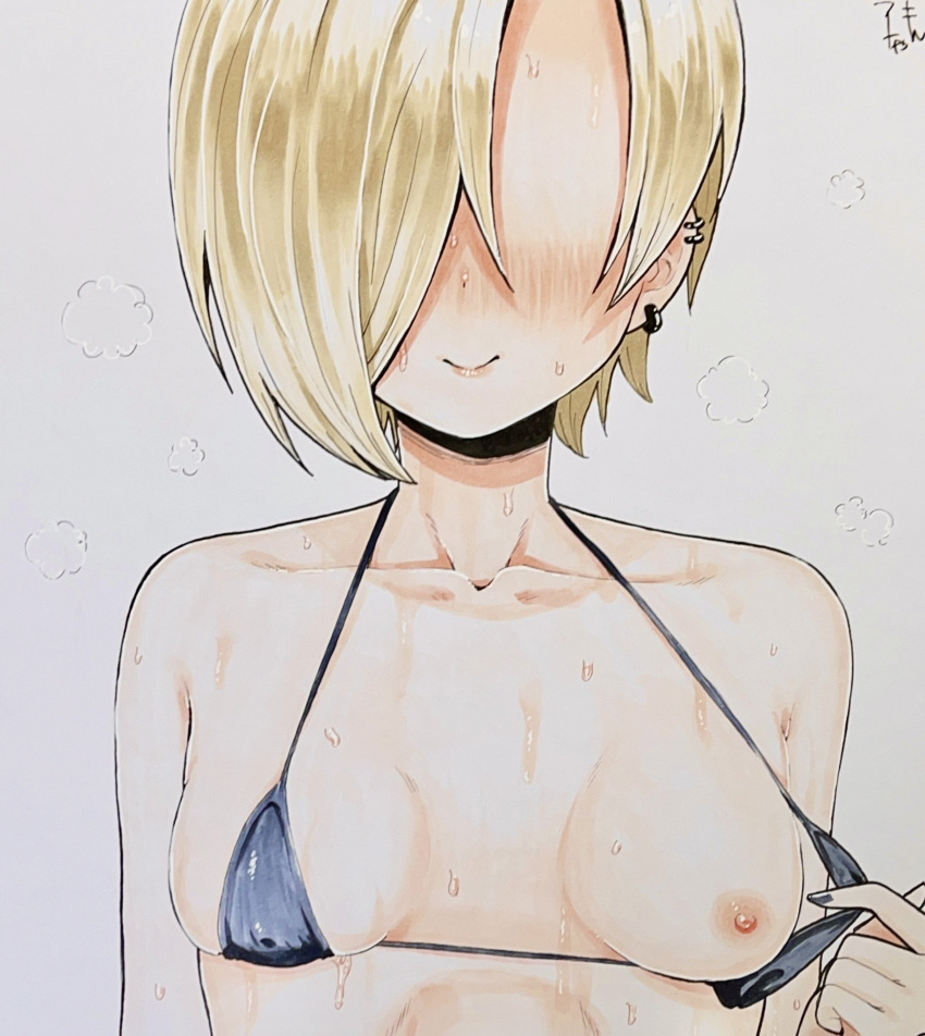 1girl bikini bikini_tug black_bikini blonde_hair blush breasts breasts_apart collarbone covered_nipples earrings faceless faceless_female fingernails hair_over_one_eye highres higurashi_aki idolmaster idolmaster_cinderella_girls jewelry long_bangs nail_polish nipples nose_blush one_breast_out shirasaka_koume simple_background smile solo steam sweatdrop swimsuit upper_body white_background