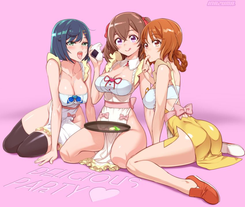 3girls apron artist_name ass black_thighhighs blush bow braid breasts brown_eyes brown_hair cleavage collarbone copyright_name dark_green_hair delicious_party_precure eating finger_sucking food fuwa_kokone green_eyes hair_ornament hair_ribbon hairclip hanamichi_ran highres medium_breasts multiple_girls nagomi_yui onigiri open_mouth orange_footwear pink_background pink_bow plate precure purple_eyes red_ribbon ribbon satou_shouji shiny_skin short_hair sitting thighhighs tongue tongue_out twintails wariza white_apron