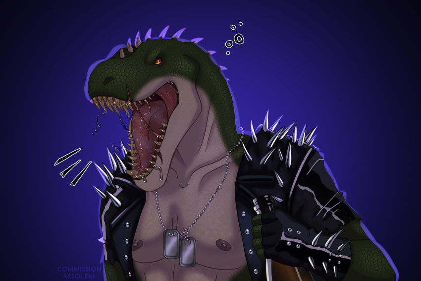 anthro bodily_fluids dinosaur hi_res male nipples owl_light reptile rocco_(tallion) saliva scales scalie sharp_teeth solo spiked_jacket spikes spikes_(anatomy) teeth theropod tongue tyrannosaurid tyrannosaurus tyrannosaurus_rex