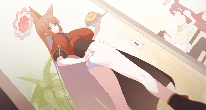 1boy 2girls ^_^ animal_ears apron ass black_apron blue_archive breasts brown_hair closed_eyes dutch_angle food fried_rice halo highres holding holding_tray large_breasts looking_at_viewer looking_back multiple_girls nnn051821 panties paper_on_head profile red_shirt reizyo_(blue_archive) rumi_(blue_archive) sensei_(blue_archive) shirt smile solo_focus tray underwear waist_apron white_panties