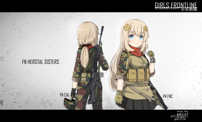 2girls absurdres ammunition_pouch artist_name assault_rifle belt_pouch between_breasts bilingual black_gloves black_skirt blonde_hair blue_eyes blush breasts brown_gloves brown_pants brown_shirt camouflage camouflage_headwear camouflage_pants camouflage_shirt celtic_cross character_name chest_rig chin_strap chinese_commentary closed_mouth combat_helmet combat_shirt commentary_request company_connection company_name copyright_name cowboy_shot cross dated dog_tags english_commentary facing_away fatigues feet_out_of_frame fn_cal fn_cal_(girls'_frontline)_(kochiya_tenko) fn_fnc fn_herstal fnc_(girls'_frontline) from_behind girls'_frontline gloves green_headwear green_pants green_shirt grey_background gun hand_up headwear_removed helmet helmet_removed highres holding holding_dog_tags holding_helmet kochiya_tenko letterboxed long_hair looking_at_viewer low_ponytail medium_breasts military_uniform miniskirt mixed-language_commentary mixed-language_text multicolored_pants multicolored_shirt multiple_girls no_nose original pants pleated_skirt pocket pouch rifle shirt signature skirt sleeves_past_elbows sleeves_rolled_up sling snap-fit_buckle standing uniform weapon weapon_behind_back weapon_name white_background woodland_camouflage