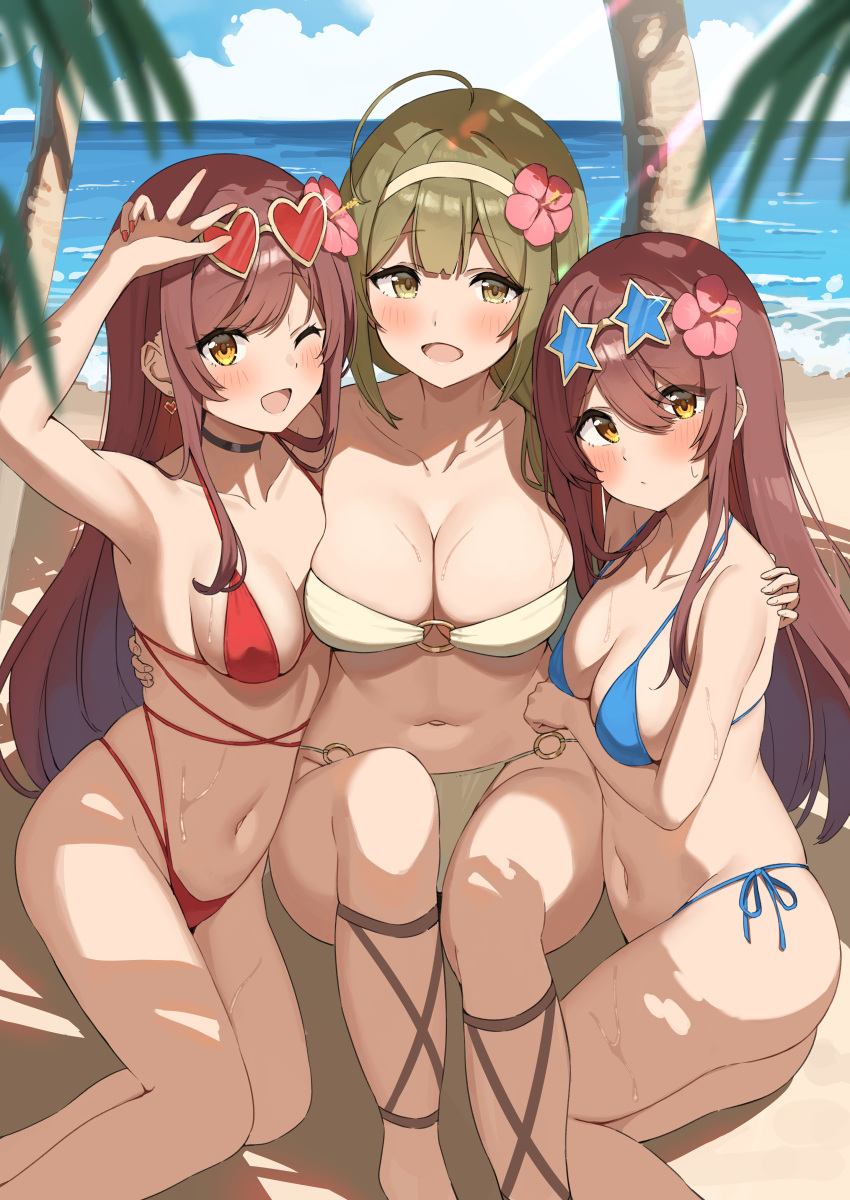 3girls absurdres arm_up beach bikini black_choker blue_bikini blue_sky blurry blush breasts brown_hair choker cleavage cloud cloudy_sky comiket_102 commentary_request day depth_of_field eyewear_on_head feet_out_of_frame flower hair_flower hair_ornament hairband halterneck highres idolmaster idolmaster_shiny_colors kuwayama_chiyuki large_breasts long_hair looking_at_viewer medium_breasts multiple_girls o-ring o-ring_bikini o-ring_top ocean one_eye_closed open_mouth osaki_amana osaki_tenka outdoors palm_tree red_bikini red_flower red_hair side-tie_bikini_bottom sitting sky smile star-shaped_eyewear string_bikini sweatdrop swimsuit tree v wanimaru wet yellow_bikini yellow_eyes yellow_hairband