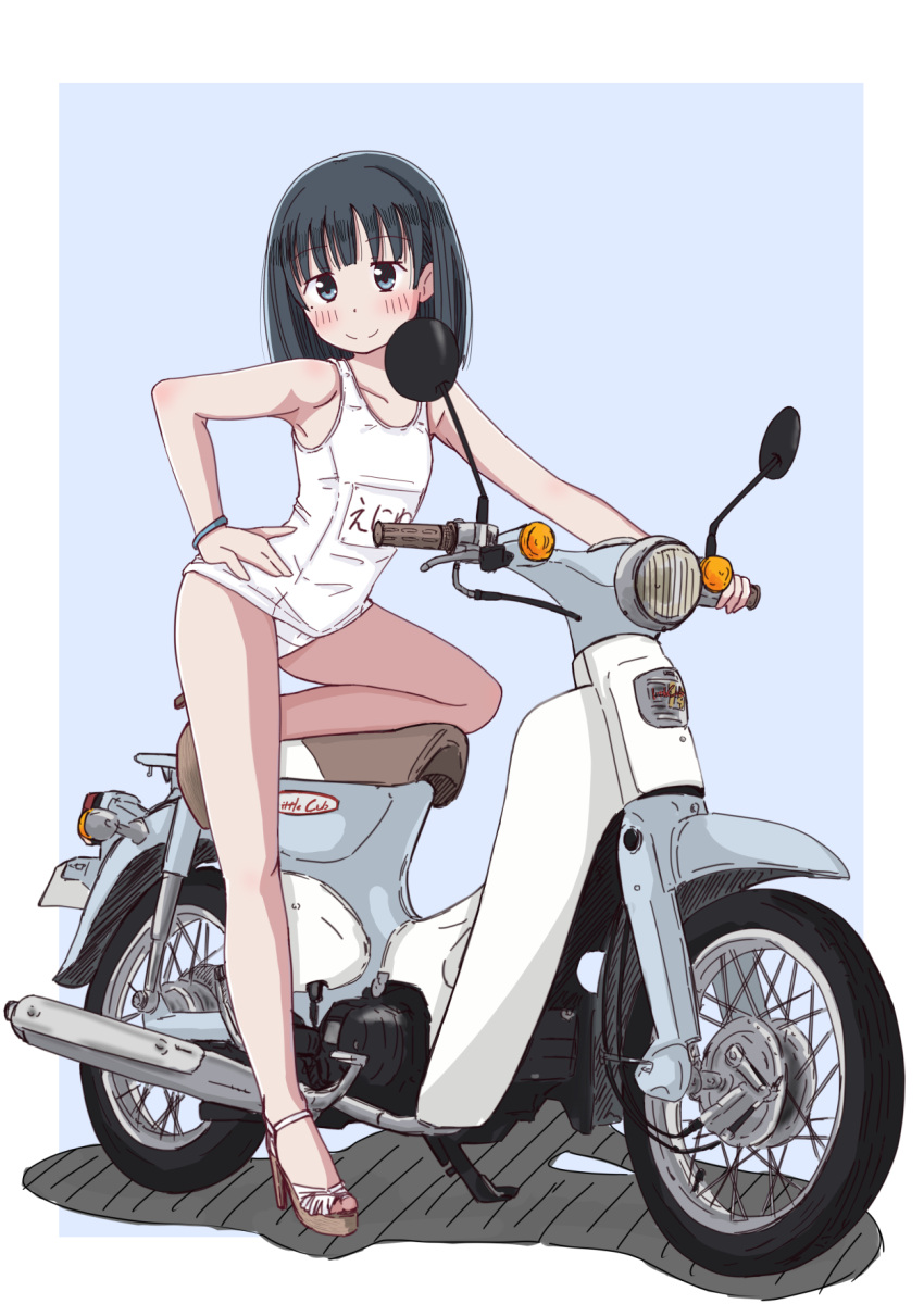 1girl black_hair blue_background blush bob_cut bracelet closed_mouth eniwa_shii hand_on_own_hip high_heels highres jewelry legs moped motor_vehicle one-piece_swimsuit school_swimsuit simple_background sin_rg super_cub swimsuit white_one-piece_swimsuit