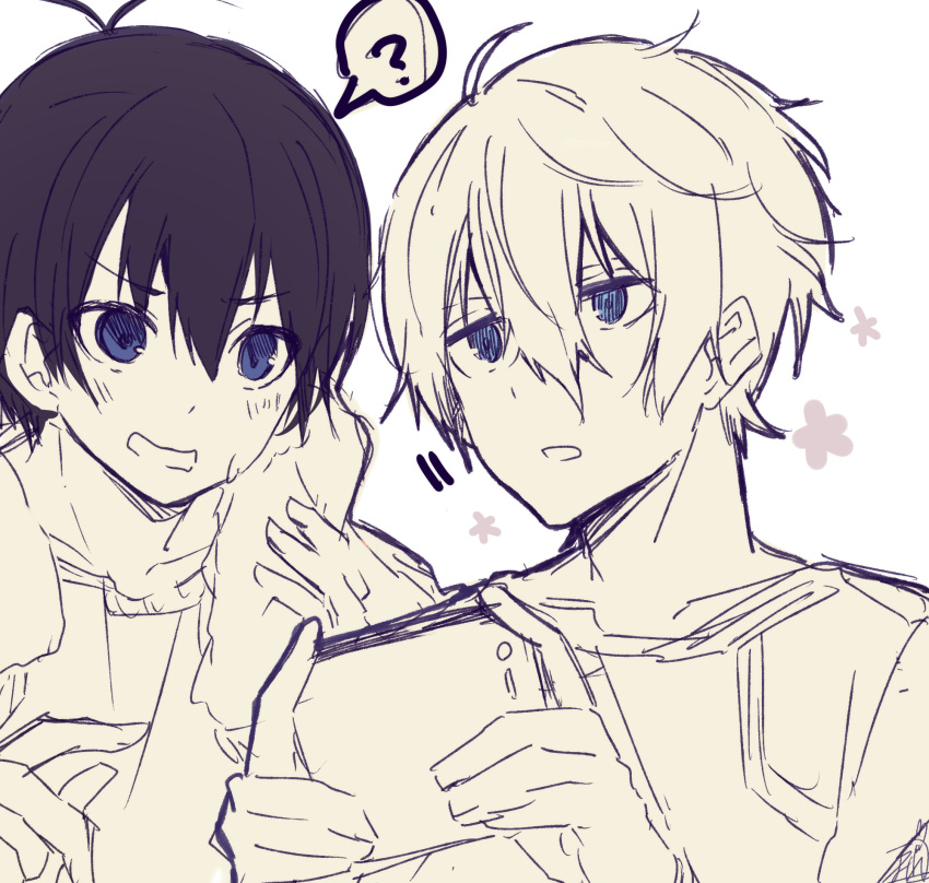 2boys ? antenna_hair blue_eyes blue_lock cellphone hair_between_eyes hands_up highres holding holding_phone isagi_yoichi male_focus multiple_boys nagi_seishirou omuretsu parted_lips phone shirt signature simple_background sketch spoken_question_mark spot_color sweat towel towel_around_neck upper_body v-shaped_eyebrows white_background