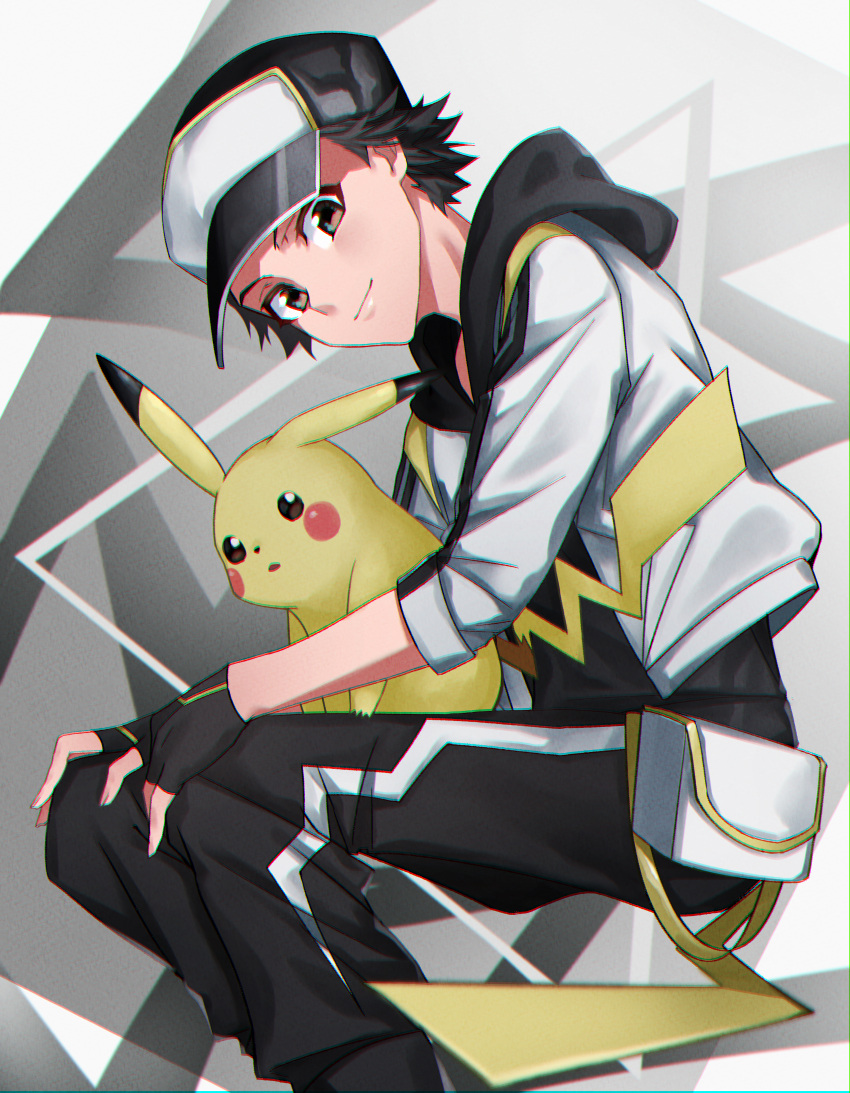 1boy absurdres black_gloves black_hair black_pants black_shirt brown_eyes closed_mouth commentary_request fingerless_gloves from_side gloves hat highres hood hood_down invisible_chair jacket looking_down male_focus neptune_(mhrc2784) official_alternate_costume on_lap pants pikachu pokemon pokemon_(creature) pokemon_(game) pokemon_masters_ex pokemon_on_lap red_(pokemon) red_(sygna_suit)_(thunderbolt)_(pokemon) shirt short_hair sitting sleeves_past_elbows smile white_bag white_jacket