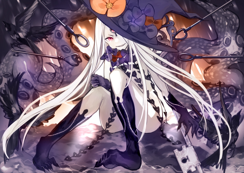 1girl abigail_williams_(fate) abigail_williams_(third_ascension)_(fate) aonogura bird black_bird black_bow black_headwear bow colored_skin crow fate/grand_order fate_(series) fingernails grin hat hat_bow highres key keyhole long_hair looking_at_viewer multiple_hat_bows orange_bow pink_eyes revealing_clothes sharp_fingernails sharp_teeth sharp_toenails sitting smile solo suction_cups teeth tentacles third_eye toenails very_long_hair white_hair white_skin witch_hat