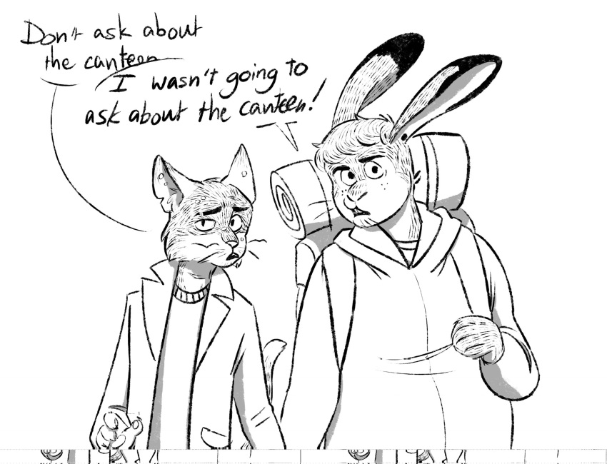 anthro backpack bangs cat_tail clothed clothing dialogue domestic_cat duo ear_piercing english_text felid feline felis fully_clothed gammija handpaw hare hi_res hoodie jacket jonathan_sims lagomorph leporid long_ears male mammal martin_blackwood notched_ear pawpads paws piercing speech_bubble sweater text the_magnus_archives topwear