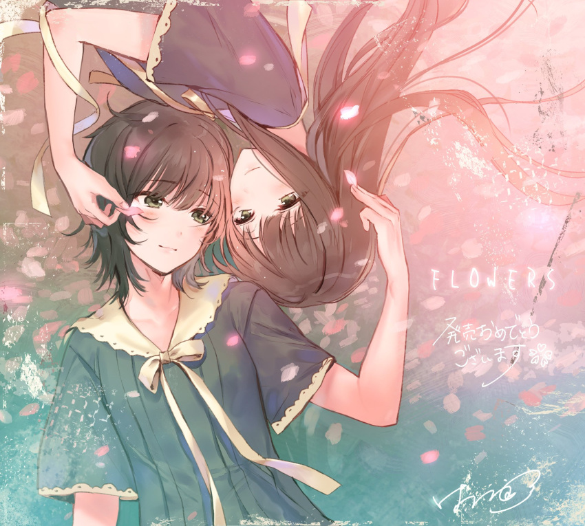 2girls :3 aqua_background black_hair blush copyright_name floating_hair flowers_(innocent_grey) gradient_background green_eyes hanekoto highres holding holding_petal long_hair multiple_girls petals pink_background rotational_symmetry school_uniform shirahane_suou short_hair short_sleeves signature smile very_long_hair yaegaki_erika yuri