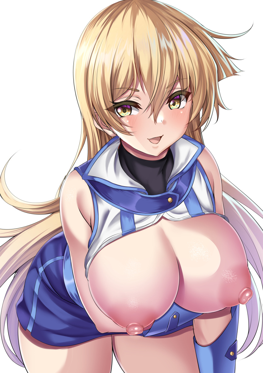 1girl absurdres arm_under_breasts bare_shoulders bent_over blonde_hair breast_hold breasts breasts_out cowboy_shot gloves hair_between_eyes hanging_breasts highres large_breasts long_hair messy_hair miniskirt nipples open_mouth parapetto simple_background skirt sleeveless smile solo tenjouin_asuka turtleneck very_long_hair white_background yellow_eyes yu-gi-oh! yu-gi-oh!_gx