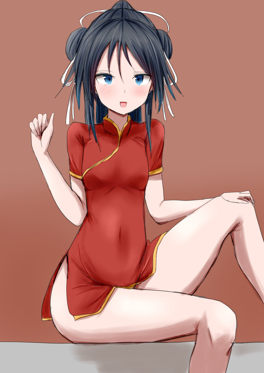 1girl absurdres alternate_costume alternate_hairstyle black_hair blue_eyes breasts brown_background china_dress chinese_clothes commission covered_navel double_bun dress feet_out_of_frame hair_bun highres kamaboko_senshi kantai_collection katsuragi_(kancolle) long_hair red_dress short_dress side_slit sitting small_breasts solo