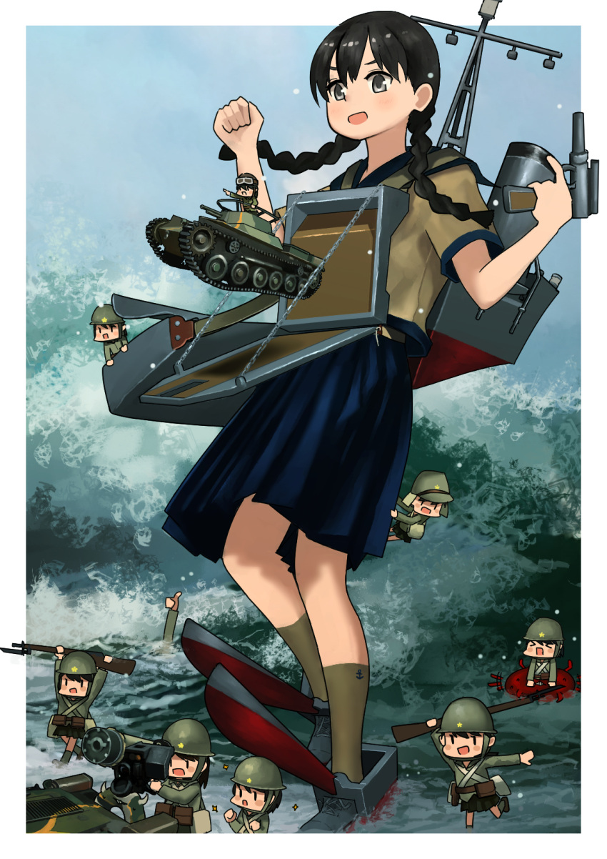 6+girls black_hair blue_sailor_collar blue_skirt braid brown_shirt brown_socks fairy_(jintai) grey_eyes highres kantai_collection landing_ship_no._101_(kancolle) long_hair low_twin_braids military military_vehicle minigirl motor_vehicle multiple_girls pleated_skirt rigging sailor_collar sailor_shirt school_uniform serafuku shin_guards shirt size_difference skirt smokestack socks tank timmyyen twin_braids