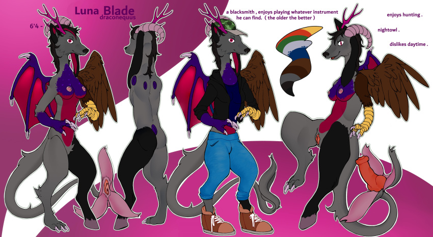 absurd_res animal_genitalia anthro chimera claws draconequus equine_genitalia fan_character female genitals hasbro hi_res hooves intersex intersex/intersex my_little_pony paws pupils slit_pupils solo spread_wings tail tail_genitals unusual_anatomy unusual_tail wings wolf_tail